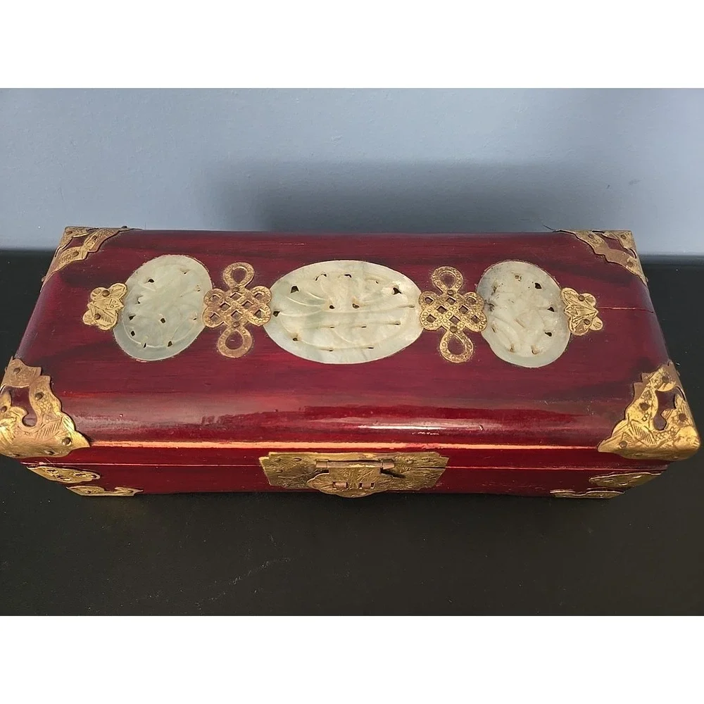 Vtg Chinese Wooden Jewelry Box w Ornate Brass & White Jade Silk Lined Redwood